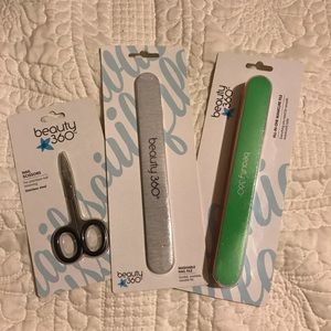 Nail file, nail buffer, and nail scissors.
